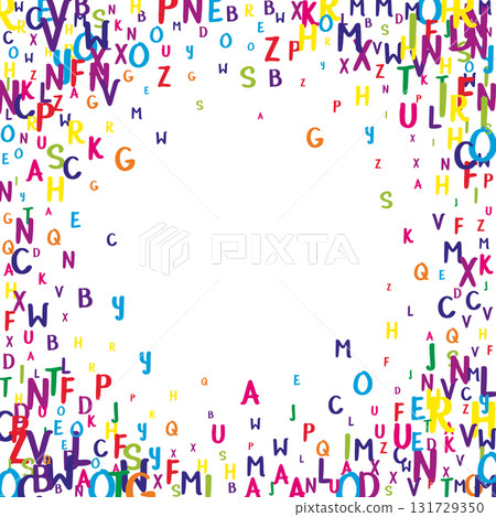 Falling letters of English language. Colorful childish flying characters of Latin alphabet. Foreign languages study concept. Back to school banner on white background. Falling letters of English language. Colorful childish flying characters of Latin alphabet. Foreign languages study concept. Back to school banner on white background. 131729350