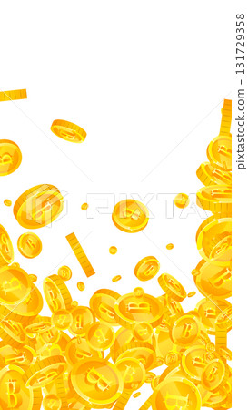Bitcoin coins falling. Cryptocurrency scattered gold BTC coins. Internet currency. Great business success concept. Vector illustration. 131729358