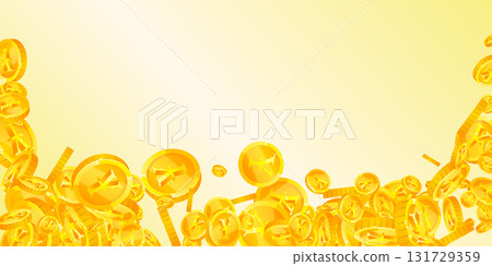 Japanese yen coins falling. Scattered gold JPY coins. Japan money. Jackpot wealth or success concept. Wide vector illustration. Japanese yen coins falling. Scattered gold JPY coins. Japan money. Jackpot wealth or success concept. Wide vector illustration. 131729359