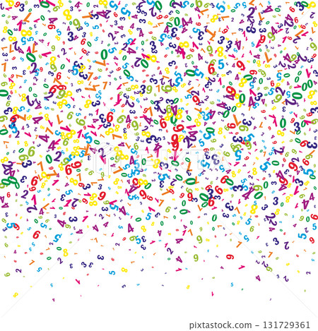 Scattered numbers. Colorful childish digits flying chaotic. Back to school mathematics banner on white background. Falling numbers vector illustration. 131729361
