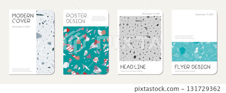 Notebook cover design. Terrazzo abstract background made of natural stones, granite, quartz and marble. Venetian terrazzo texture notebook cover template. 131729362