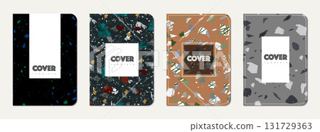Notebook cover design. Terrazzo abstract background made of natural stones, granite, quartz and marble. Venetian terrazzo texture notebook cover template. Notebook cover design. Terrazzo abstract background made of natural stones, granite, quartz and marble. Venetian terrazzo texture notebook cover template. 131729363