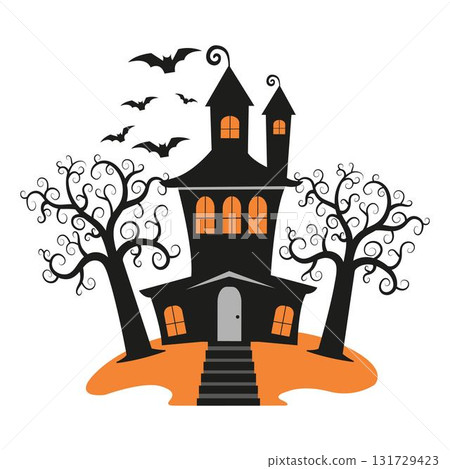 Spooky cartoon haunted house with twisted trees and flying bats. Spooky cartoon haunted house with twisted trees and flying bats. 131729423