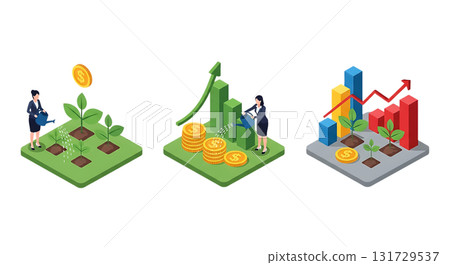 Business growth and investment stages with people and charts finance money isolated on a transparent background 131729537
