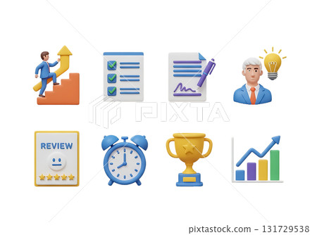 Business Success Icons Man Climbing Stairs Checklist Review Clock Trophy Graph growth progress isolated on a transparent background 131729538