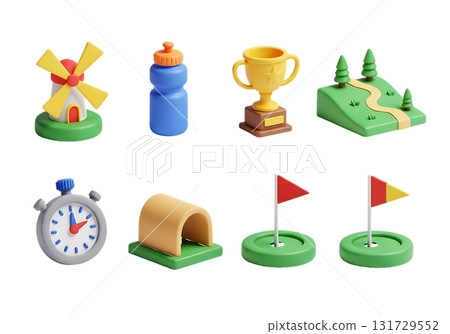 Set of 3D icons for sports and recreation activities Keywords windmill, water bottle, trophy isolated on a transparent background 131729552