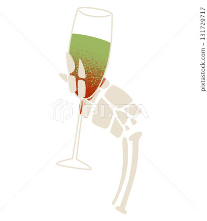 Skeleton hand holding a glass with a drink, spooky and stylish Halloween illustration Skeleton hand holding a glass with a drink, spooky and stylish Halloween illustration 131729717
