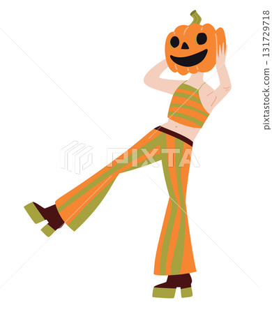 Person in pumpkin costume for halloween. Funny spooky character illustration with orange outfit, autumn and holiday design. Person in pumpkin costume for halloween. Funny spooky character illustration with orange outfit, autumn and holiday design. 131729718