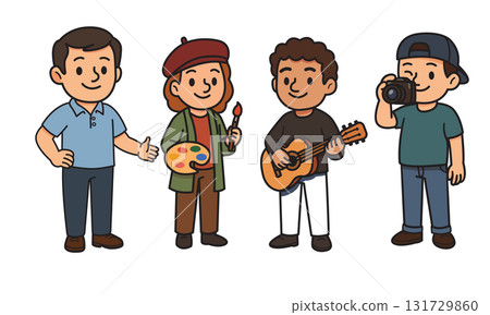 Cartoon style illustrations of 4 characters of various professions including a speaker, artist, painter, guitarist and photographer 131729860