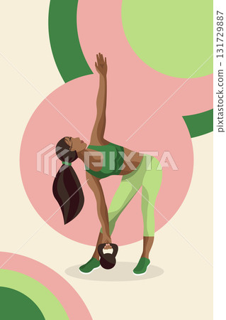 A faceless fitness woman performs a kettlebell exercise, stretching her body against a colorful, abstract backdrop. 131729887