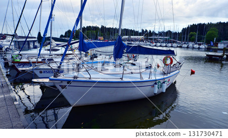 Wilkasy, Poland. 24 August 2025. Marina Wilkasy and boats moored above lake Niegocin near Gizycko. Wilkasy, Poland. 24 August 2025. Marina Wilkasy and boats moored above lake Niegocin near Gizycko. 131730471