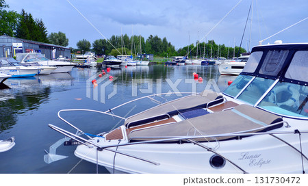 Wilkasy, Poland. 24 August 2025. Marina Wilkasy and boats moored above lake Niegocin near Gizycko. Wilkasy, Poland. 24 August 2025. Marina Wilkasy and boats moored above lake Niegocin near Gizycko. 131730472