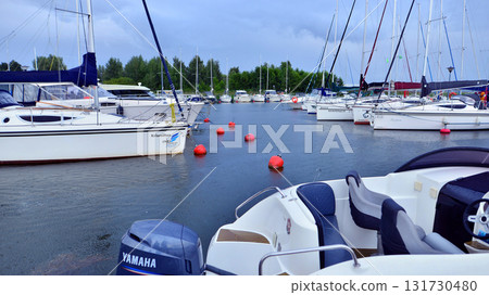 Wilkasy, Poland. 24 August 2025. Marina Wilkasy and boats moored above lake Niegocin near Gizycko. Wilkasy, Poland. 24 August 2025. Marina Wilkasy and boats moored above lake Niegocin near Gizycko. 131730480