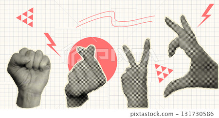 Halftone vector art with human hands. Retro dotted texture illustration. Abstract black and white pop design element. Modern raster effect for creative collage or fashion background layout 131730586