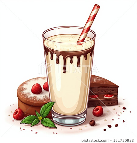 A glass of milk with a chocolate drizzle on top and a slice of cake on the side A glass of milk with a chocolate drizzle on top and a slice of cake on the side 131730958