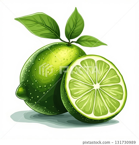Illustration of lime is shown with its peel and a slice of it Illustration of lime is shown with its peel and a slice of it 131730989