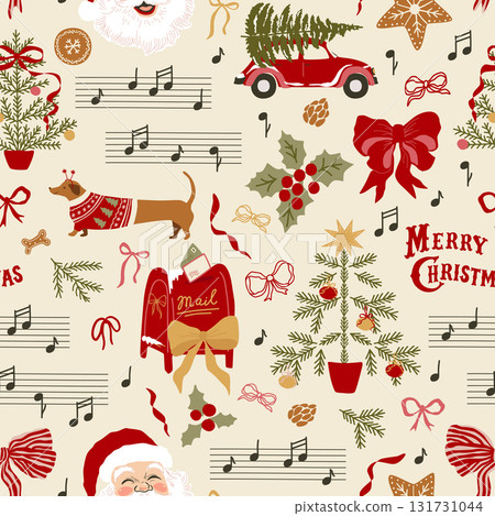 Vintage Christmas music seamless pattern. Notes, melody, bows, Santa vector print, repeat background, wallpaper Vintage Christmas music seamless pattern. Notes, melody, bows, Santa vector print, repeat background, wallpaper 131731044