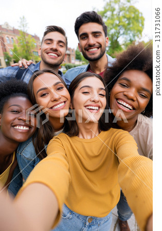 Friends Enjoying a Joyful Group Moment in a Vibrant Outdoor Setting During the Day 131731066