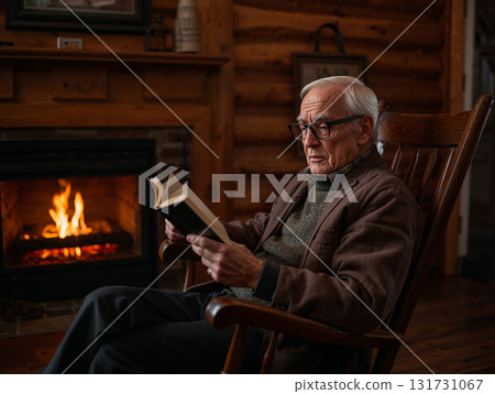 A senior man relaxing in a rocking chair and reading a book by a cozy fireplace. Peaceful retirement lifestyle in a rustic log cabin. Warm and comfortable winter evening. Hygge concept. 131731067
