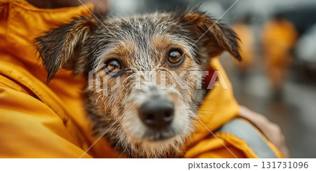 A firefighter rescued a dog from a fire. Close up Male Firefighter in Full Gear Ready for Duty, Standing in Front of a camera. Portrait of a Brave 131731096