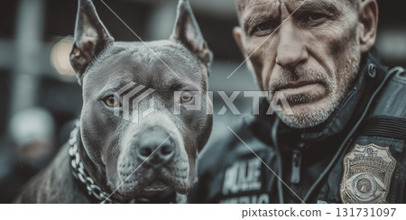 Police officer with dog, angry dog, pit bull and police, patrol dog, bloodhound, attack dog Police officer with dog, angry dog, pit bull and police, patrol dog, bloodhound, attack dog 131731097