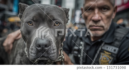 Police officer with dog, angry dog, pit bull and police, patrol dog, bloodhound, attack dog Police officer with dog, angry dog, pit bull and police, patrol dog, bloodhound, attack dog 131731098