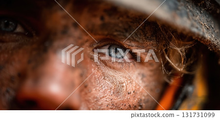 Close up Male Firefighter in Full Gear Ready for Duty, Standing in Front of a camera. Portrait of a Brave 131731099