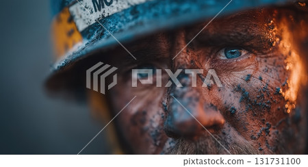 Close up Male Firefighter in Full Gear Ready for Duty, Standing in Front of a camera. Portrait of a Brave 131731100