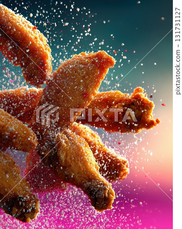 Flying Hot Chicken Wings. Fried Chicken Pieces on Colored Background. Delicious roast chicken leg. Chicken legs junk food, fast food, obesity, health problems, chicken, vegan 131731127