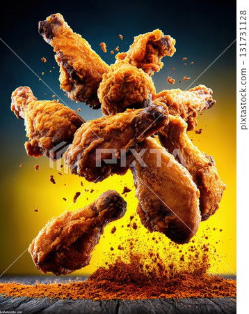 Flying Hot Chicken Wings. Fried Chicken Pieces on Colored Background. Delicious roast chicken leg. Chicken legs junk food, fast food, obesity, health problems, chicken, vegan 131731128