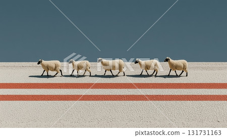 Sheep on the road, the concept of movement in life, animals, abstraction Sheep on the road, the concept of movement in life, animals, abstraction 131731163