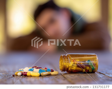 Suicide concept. Drug addiction, medical abuse, tablet overdose. Man Hand on Floor with Bottle of Pills Spilled, close-up. 131731177