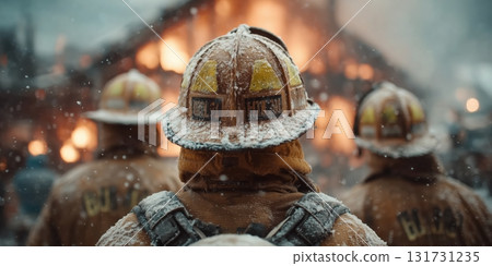 Close up Male Firefighter in Full Gear Ready for Duty, Standing in Front of a camera. Portrait of a Brave Close up Male Firefighter in Full Gear Ready for Duty, Standing in Front of a camera. Portrait of a Brave 131731235