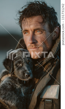 A firefighter rescued a dog from a fire. Close up Male Firefighter in Full Gear Ready for Duty, Standing in Front of a camera. Portrait of a Brave 131731242