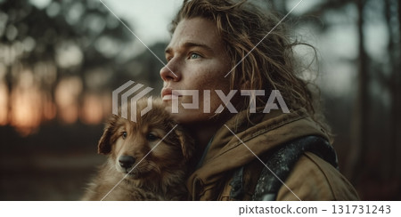 A firefighter rescued a dog from a fire. Close up Male Firefighter in Full Gear Ready for Duty, Standing in Front of a camera. Portrait of a Brave 131731243