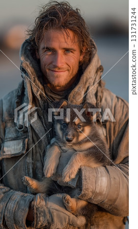 A firefighter rescued a dog from a fire. Close up Male Firefighter in Full Gear Ready for Duty, Standing in Front of a camera. Portrait of a Brave 131731244