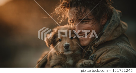A firefighter rescued a dog from a fire. Close up Male Firefighter in Full Gear Ready for Duty, Standing in Front of a camera. Portrait of a Brave 131731245