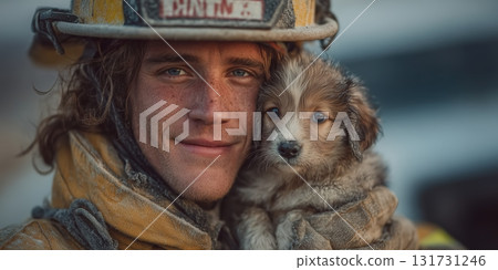 A firefighter rescued a dog from a fire. Close up Male Firefighter in Full Gear Ready for Duty, Standing in Front of a camera. Portrait of a Brave 131731246