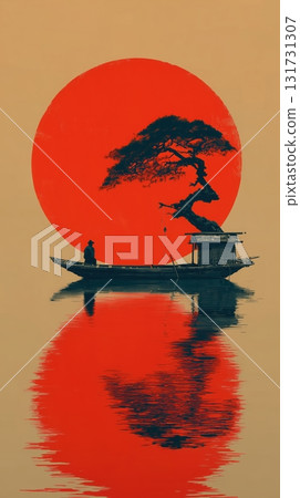 Fisherman in Japan, big red sun, abstract, Japanese flag, tree and fisherman, morning, new day 131731307