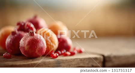 Fresh red pomegranate, pomegranate on a table, sweet red pomegranate in the kitchen. wood table 131731317