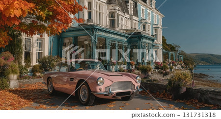 Rich life, vintage pink car near the villa, Old Money, luxurious house, beautiful car 131731318