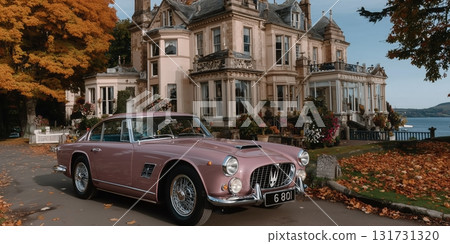 Rich life, vintage pink car near the villa, Old Money, luxurious house, beautiful car 131731320