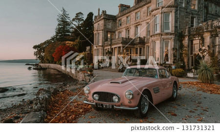 Rich life, vintage pink car near the villa, Old Money, luxurious house, beautiful car 131731321