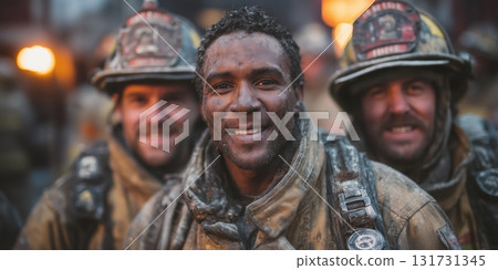 Close up Male Firefighter in Full Gear Ready for Duty, Standing in Front of a camera. Portrait of a Brave 131731345