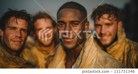 Close up Male Firefighter in Full Gear Ready for Duty, Standing in Front of a camera. Portrait of a Brave 131731346