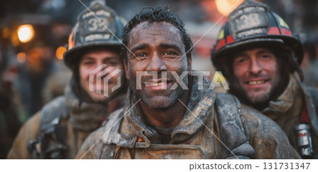 Close up Male Firefighter in Full Gear Ready for Duty, Standing in Front of a camera. Portrait of a Brave Close up Male Firefighter in Full Gear Ready for Duty, Standing in Front of a camera. Portrait of a Brave 131731347