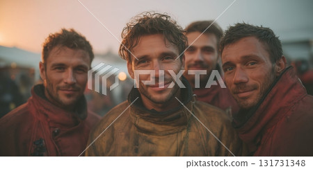 Close up Male Firefighter in Full Gear Ready for Duty, Standing in Front of a camera. Portrait of a Brave 131731348