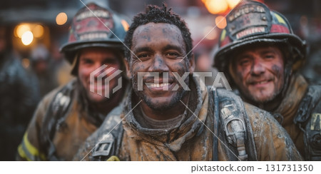 Close up Male Firefighter in Full Gear Ready for Duty, Standing in Front of a camera. Portrait of a Brave 131731350