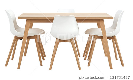 A wooden table with five white chairs around it A wooden table with five white chairs around it 131731437