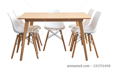 A wooden dining table with six white chairs around it 131731438